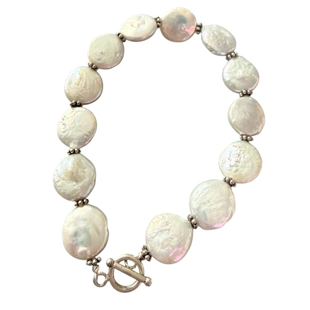 925 Sterling Silver Freshwater Coin Pearl Toggle Bracelet